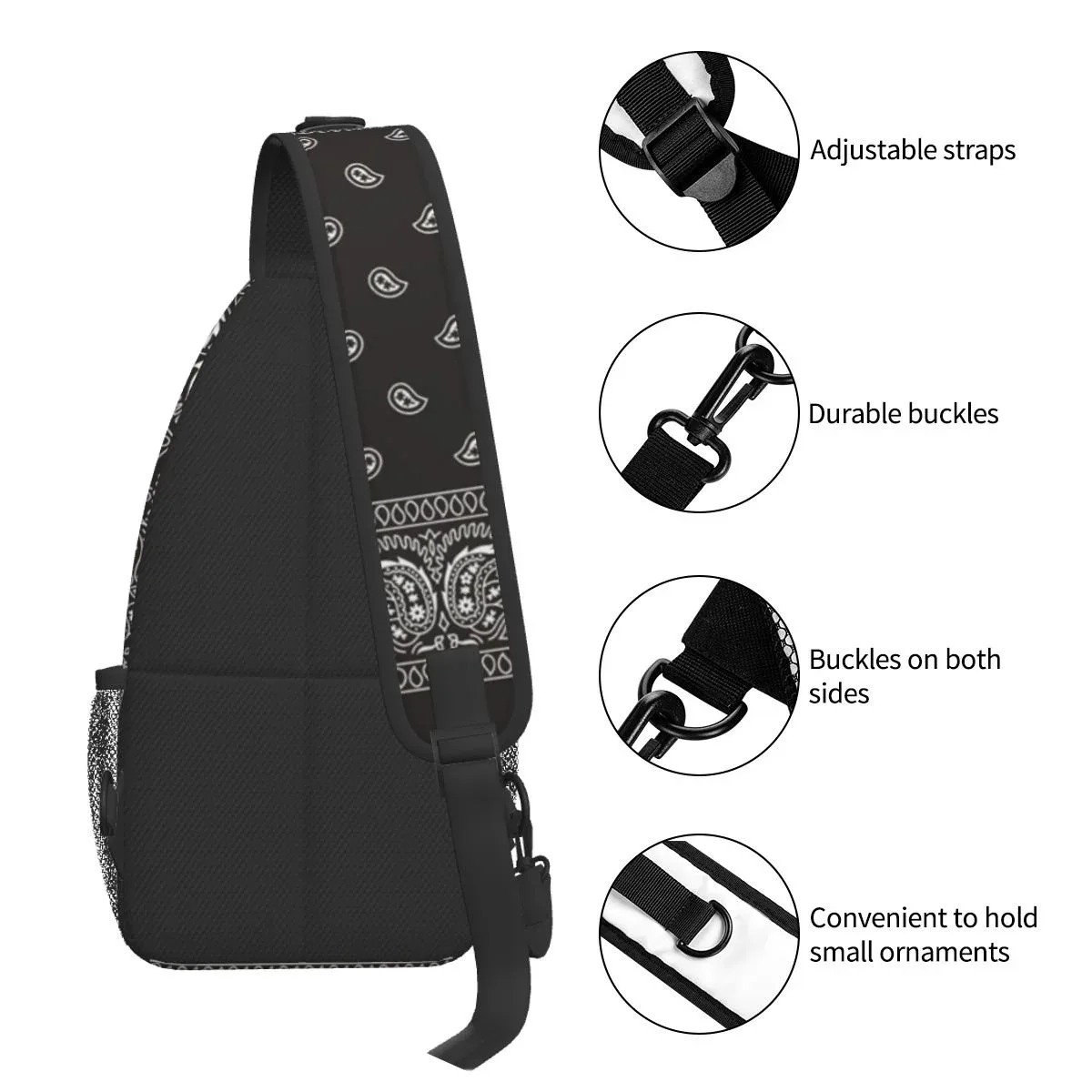 sac à bandoulière bandana paisley noir pour sac à dos à bandoulière sac de poitrine décontracté sac à dos pour randonnée marche vélo voyage cyclisme
