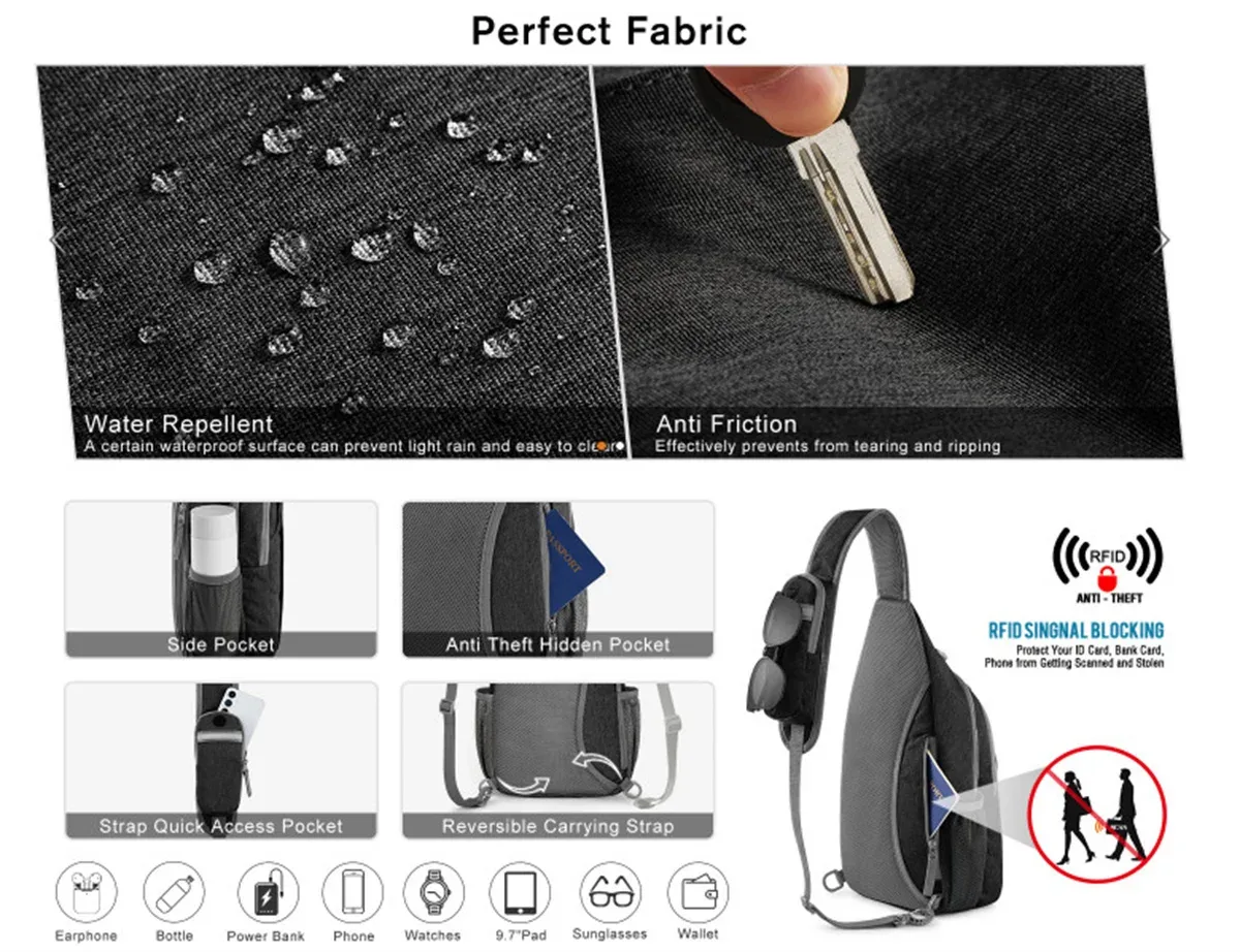 sac à bandoulière imperméable avec blocage rfid, sac à dos bandoulière, sac de poitrine, sac à dos de jour pour la randonnée et les voyages