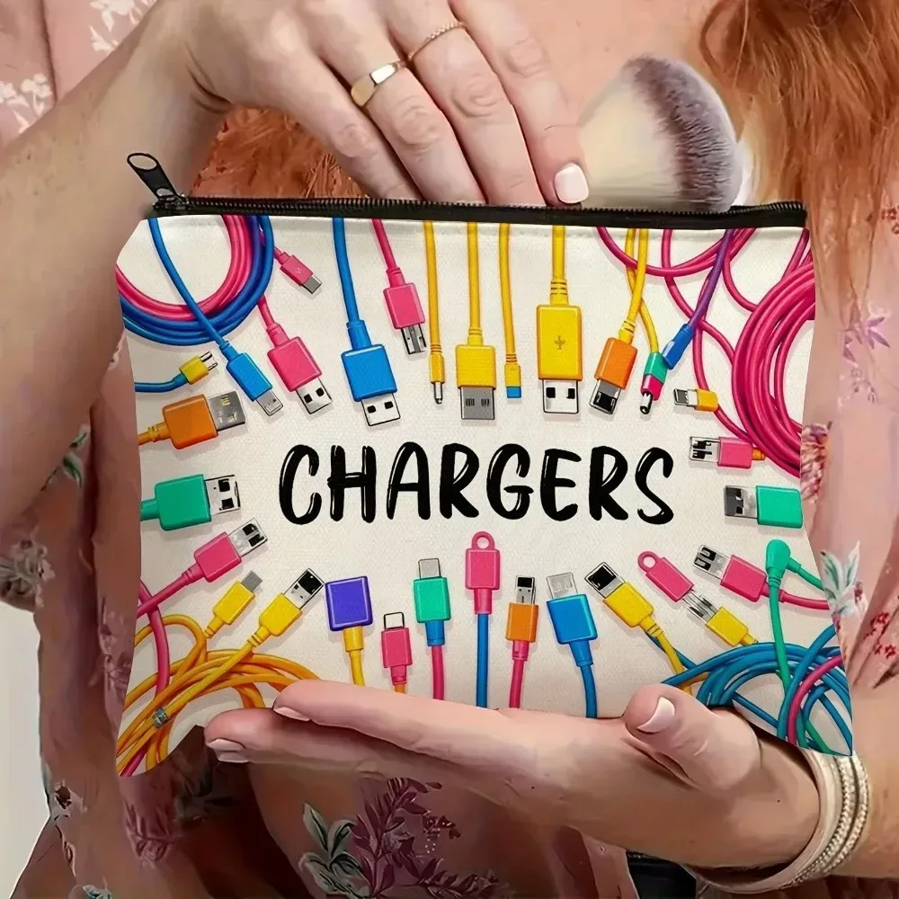 nouvelle pochette de rangement pour chargeur en toile, fermeture à glissière, design imprimé, organiseur de câbles, sac de grande capacité, organiseur de cosmétiques, utilisation en voyage
