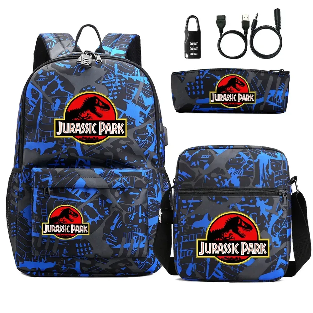 dinosaure jurassic park world 3 pièces usb antivol serrure garçon fille enfants école livre sacs voyage sac à dos sac à bandoulière stylo sac