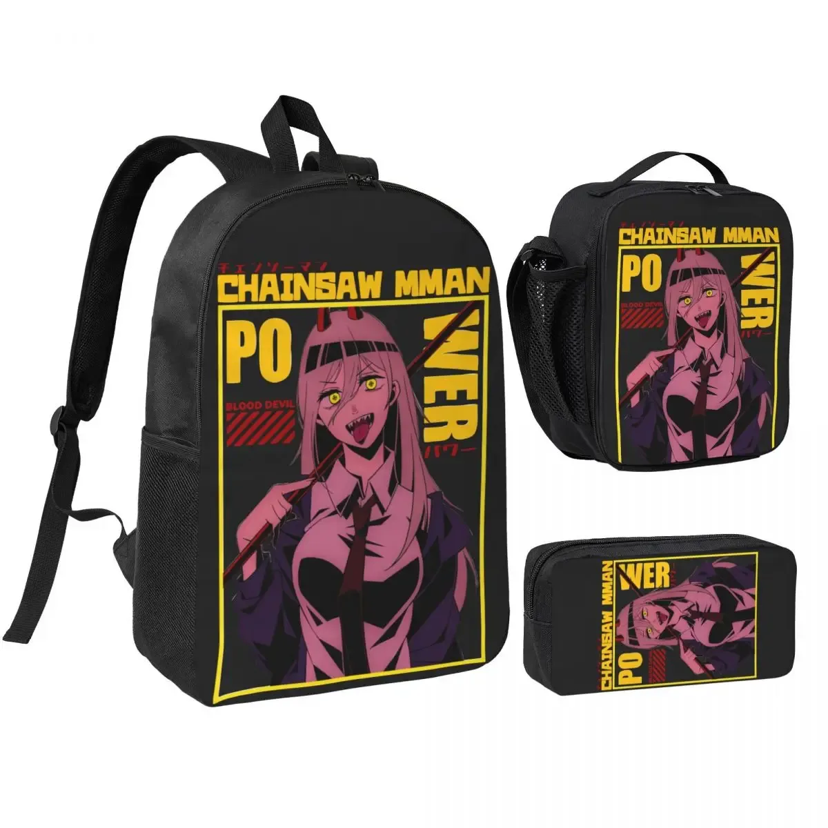 anime tronçonneuse homme 3pecs/ensemble sac à dos pour étudiant ordinateur portable sac à bandoulière sac à déjeuner trousse à crayons
