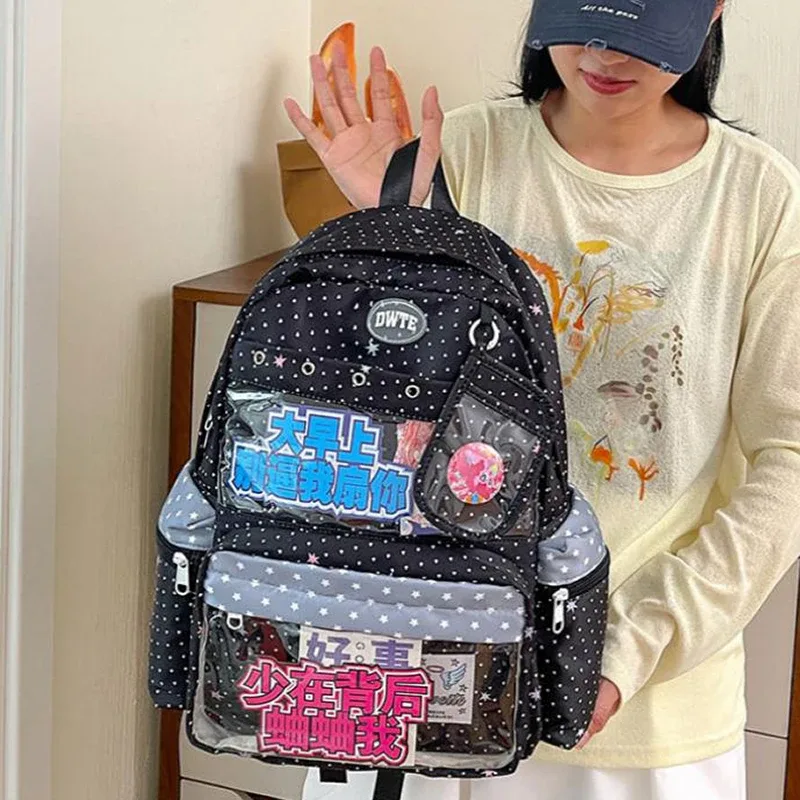 Sac à dos tendance avec fenêtre transparente, grande capacité, sac d'école à pois pour adolescentes et étudiantes, sac à livres léger