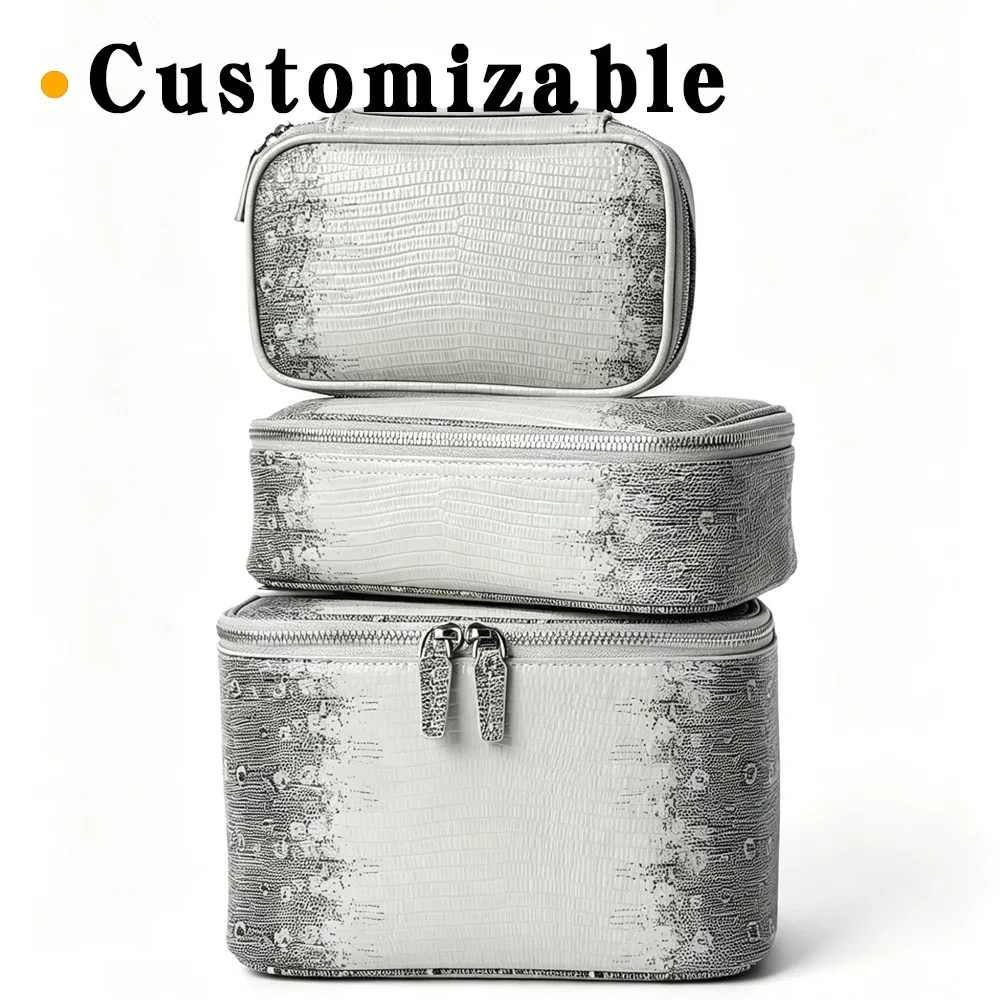 trousse de maquillage quotidienne en cuir de vachette grain lézard teinte himalaya pour femmes, légère et durable avec fermeture éclair