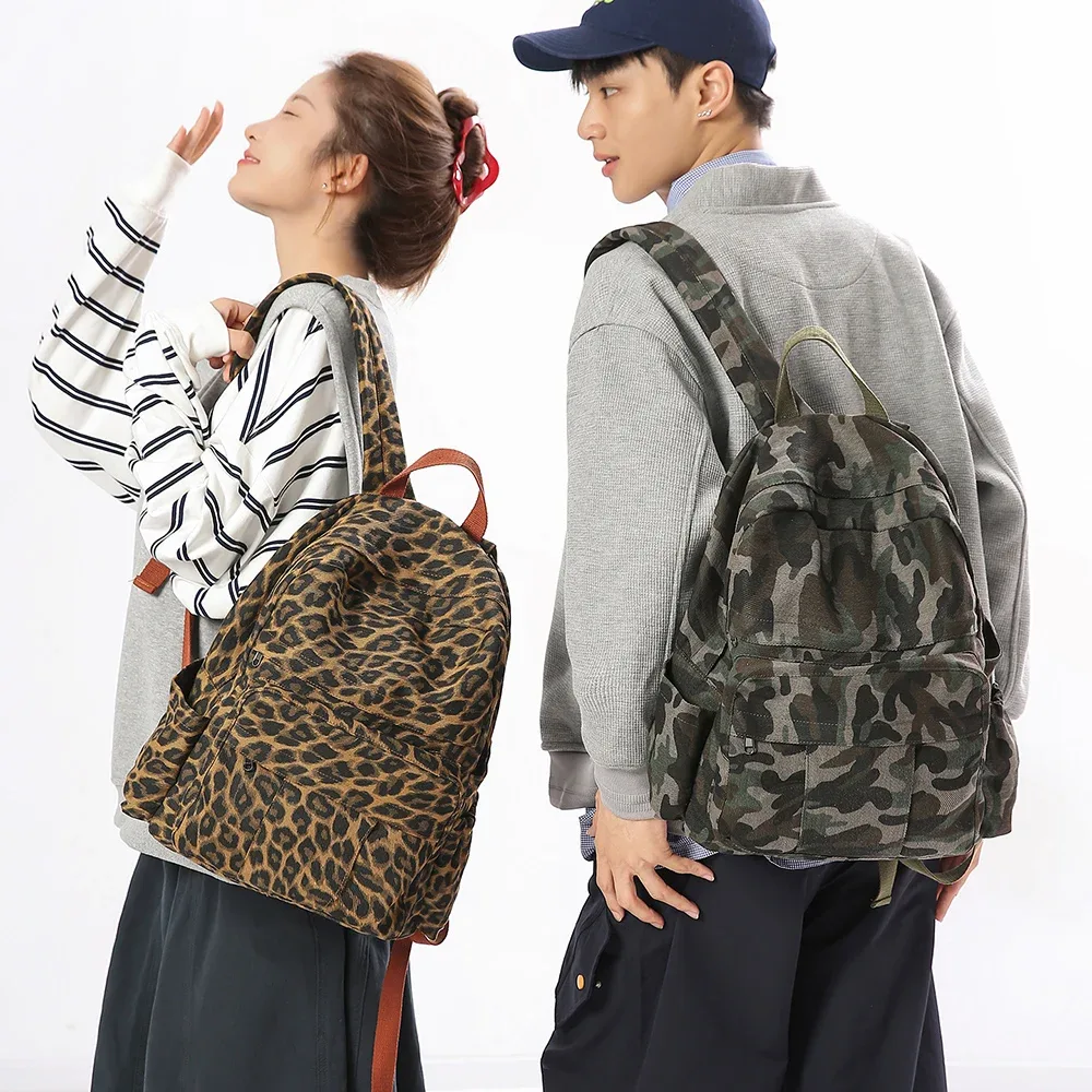 sac à dos en toile pour femmes, hommes et couples, unisexe, décontracté, imprimé léopard et camouflage, sac de voyage, sac à dos d'école, sac à bandoulière rétro