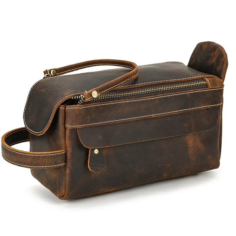 petit sac de voyage de bonne qualité, portefeuille de voyage en cuir crazy horse, sac de rangement, sac de maquillage de lavage pour trousse de toilette de voyage