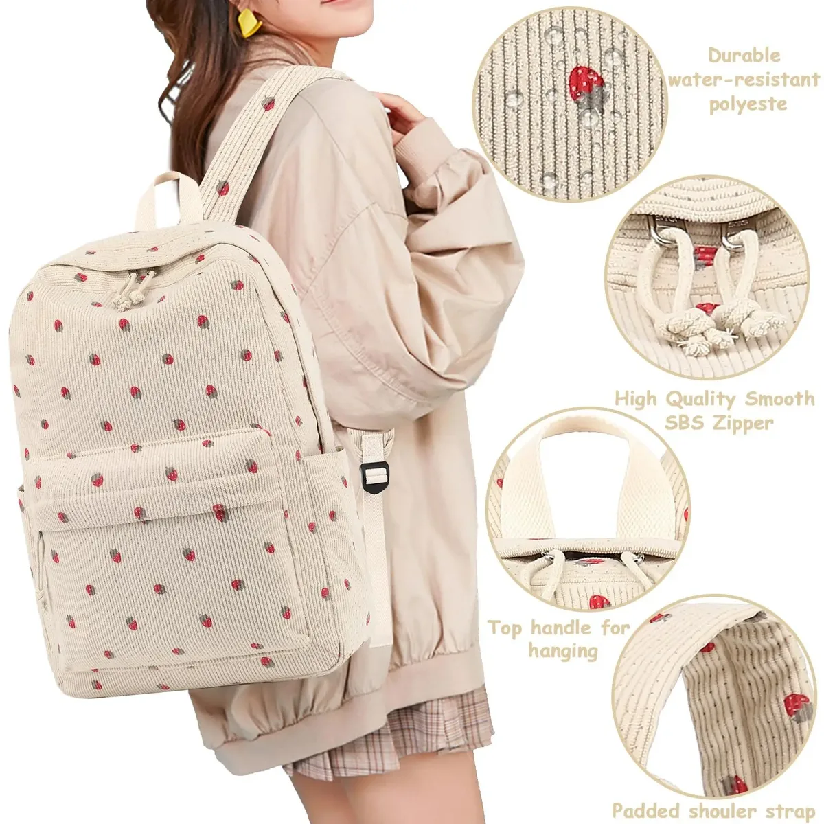 ensemble de 3 sacs à dos en velours côtelé motif fraise – polyvalent, décontracté, pour voyage et école – grande capacité et léger pour l'usage quotidien des étudiants