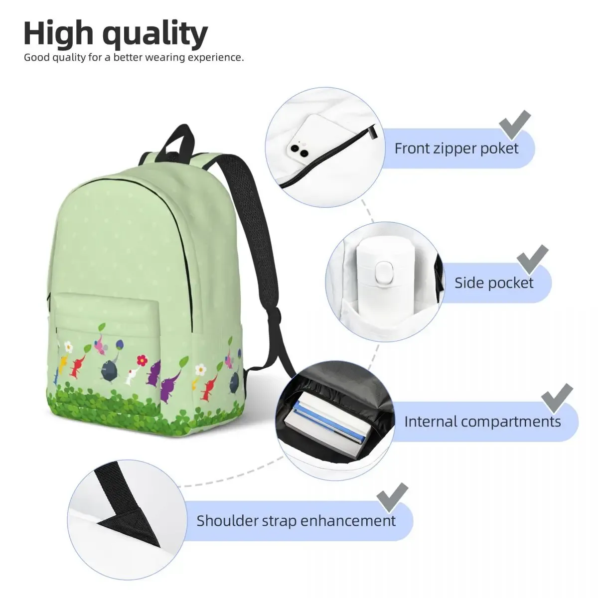 pikmins family sac à dos classique mignon et amusant, durable, pour lycée, jeu d'affaires, sac à dos anime pour hommes et femmes, sac à bandoulière universitaire