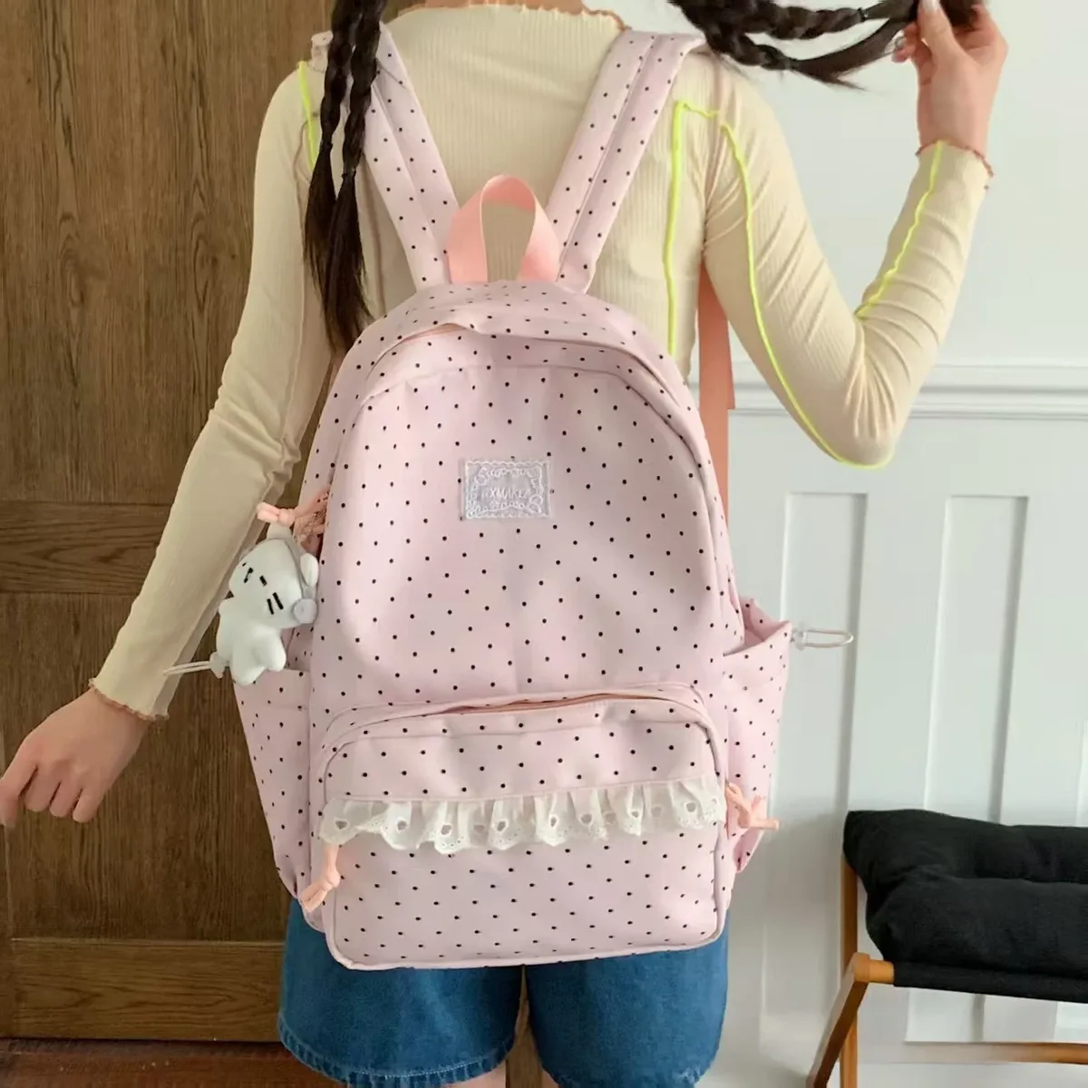 Sac à dos coréen style collège à pois, esthétique, pour collège, voyage, double bandoulière, style ballet doux, petit sac à dos pour fille