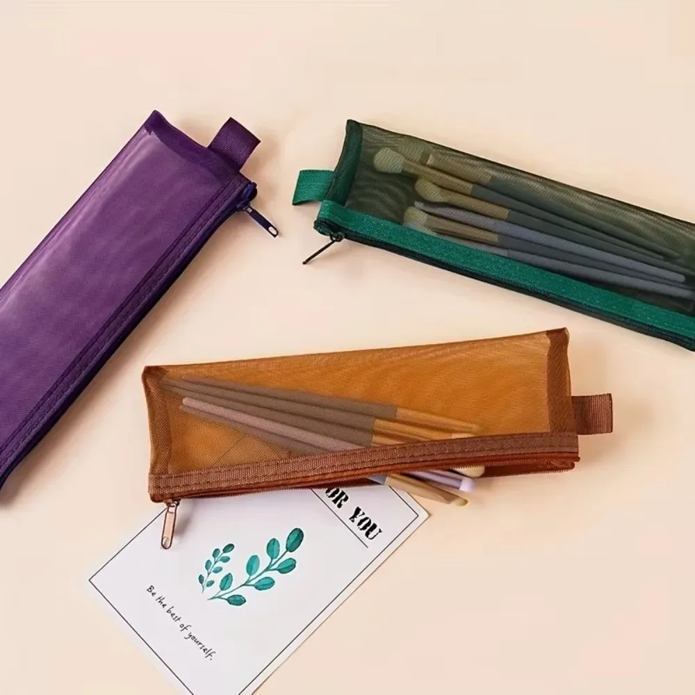 Nouvelle trousse de rangement en maille pour pinceaux de maquillage, couleur unie, avec fermeture éclair, étui portable pour stylos, pochette de rangement pour stylos