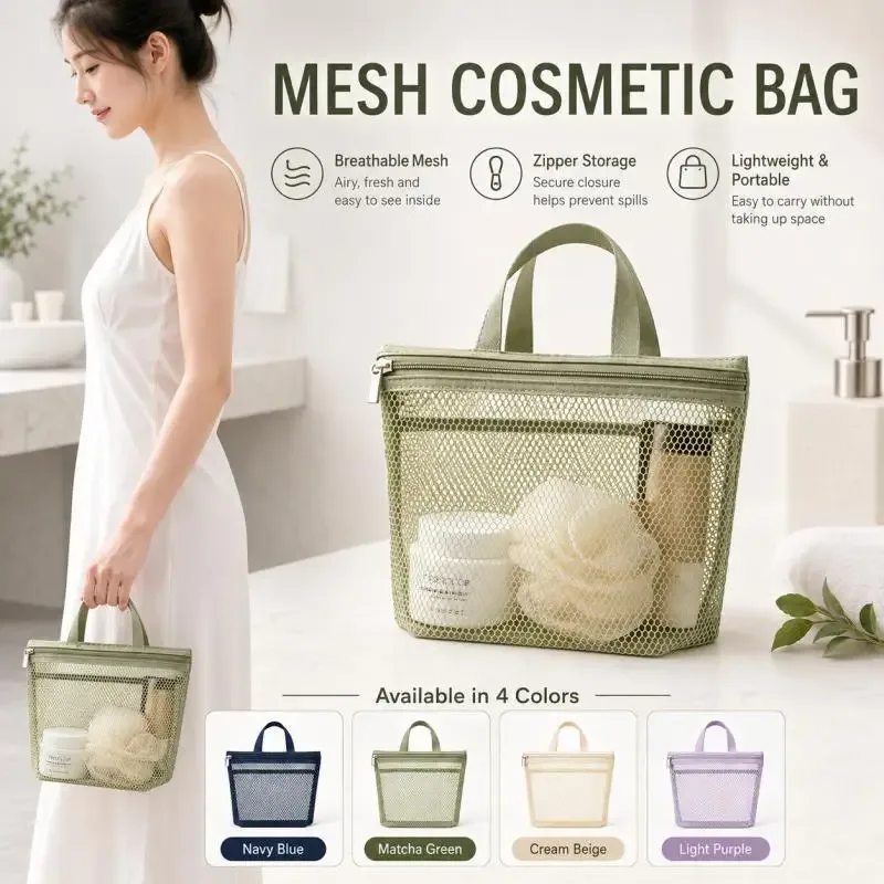 Mini trousse à cosmétiques en maille avec poignée, organiseur portable à fermeture éclair pour maquillage et articles de toilette, pour voyage, salle de bain, salle de sport, 4 couleurs