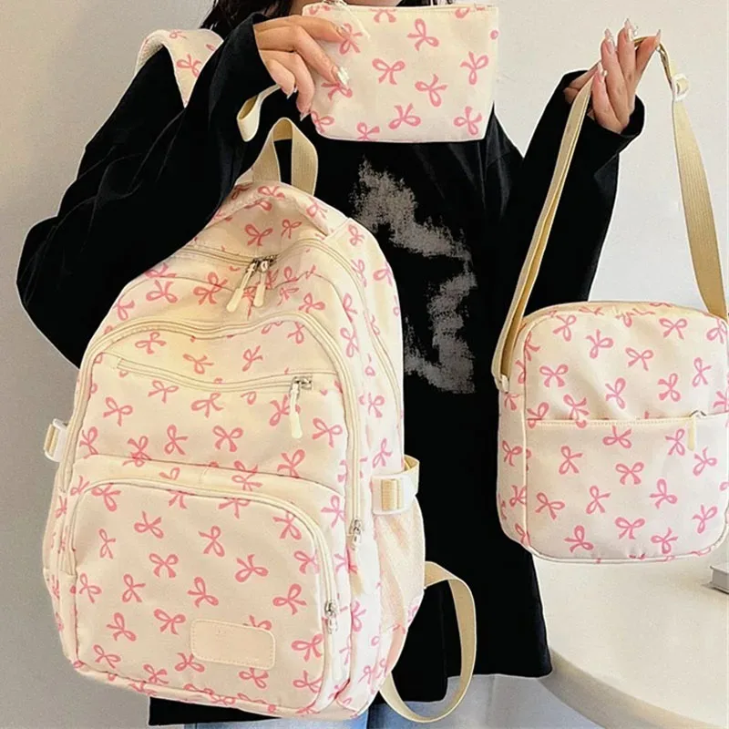 ensemble de 3 pièces de sac à dos mignon de grande capacité, mode coréenne, sac imprimé avec nœud, sacs en nylon, cartable d'étudiant, sac à dos de voyage à sangle réglable