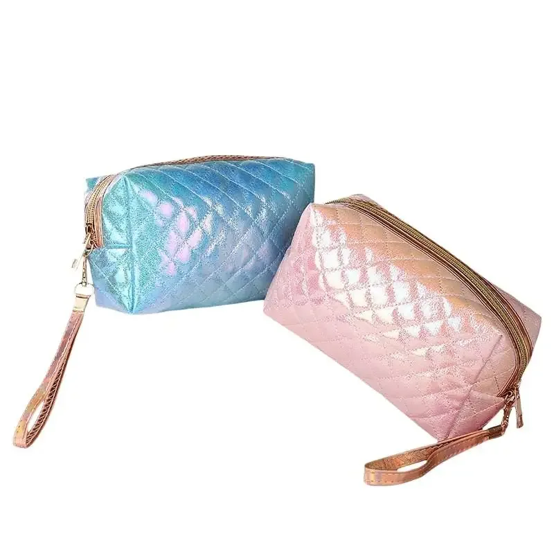 trousse de maquillage matelassée iridescente, sac de voyage pour articles de toilette, brodé, grande capacité