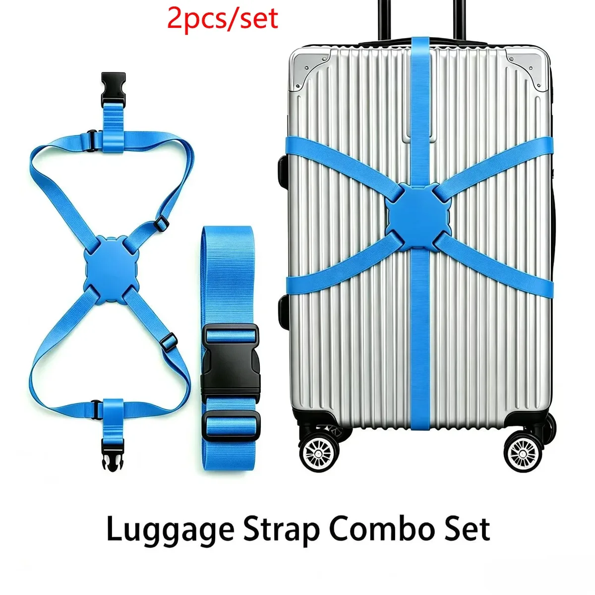 ensemble de 2 sangles de bagage (incluant 1 sangle standard + 1 sangle en forme de huit), ensemble de sangles de bagage hautement élastiques avec renfort anti-explosion, longueur réglable de 20 à 32 pouces (cm), universel pour valises à roulettes, sangle de fixation anti-rupture et sécurisée pour les voyages d'affaires, accessoire de voyage portable multifonctionnel