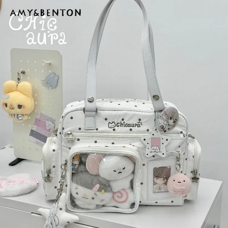 sac à bandoulière polyvalent grande capacité pour femme, motif pois, style gothique bidimensionnel, sac messager tendance