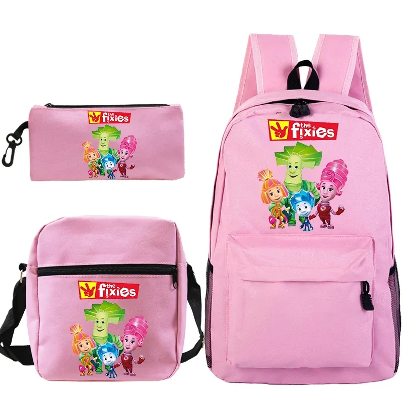 3 pièces nouveau ensemble de sac à dos imprimé the fixies avec sacs à bandoulière trousse à crayons cartable léger pour enfants sac à dos de voyage en plein air