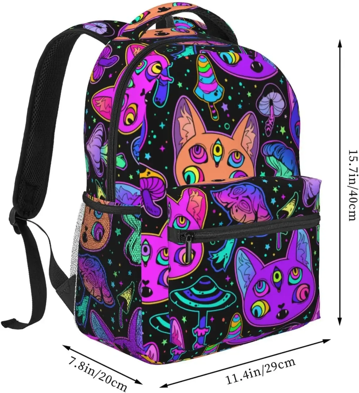 Sac à dos Trippy Eyes avec sangles rembourrées pour voyage et camping, sac à dos antivol, noir, décontracté, Halloween, chat, chambres plus lentes