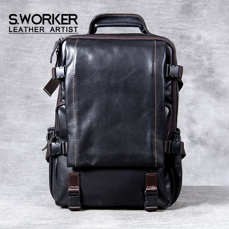 S.WORKER Sac à dos décontracté en cuir véritable pour homme, grande capacité, sac de voyage pour ordinateur portable 15 pouces, sac d'école en cuir de vache, sac de week-end tendance