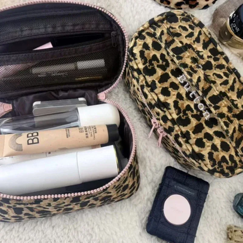 sac de rangement pour maquillage, pochette de rangement pour cosmétiques à imprimé léopard, trousse de toilette pour femme automne/hiver, sac à main léger, fermeture à glissière
