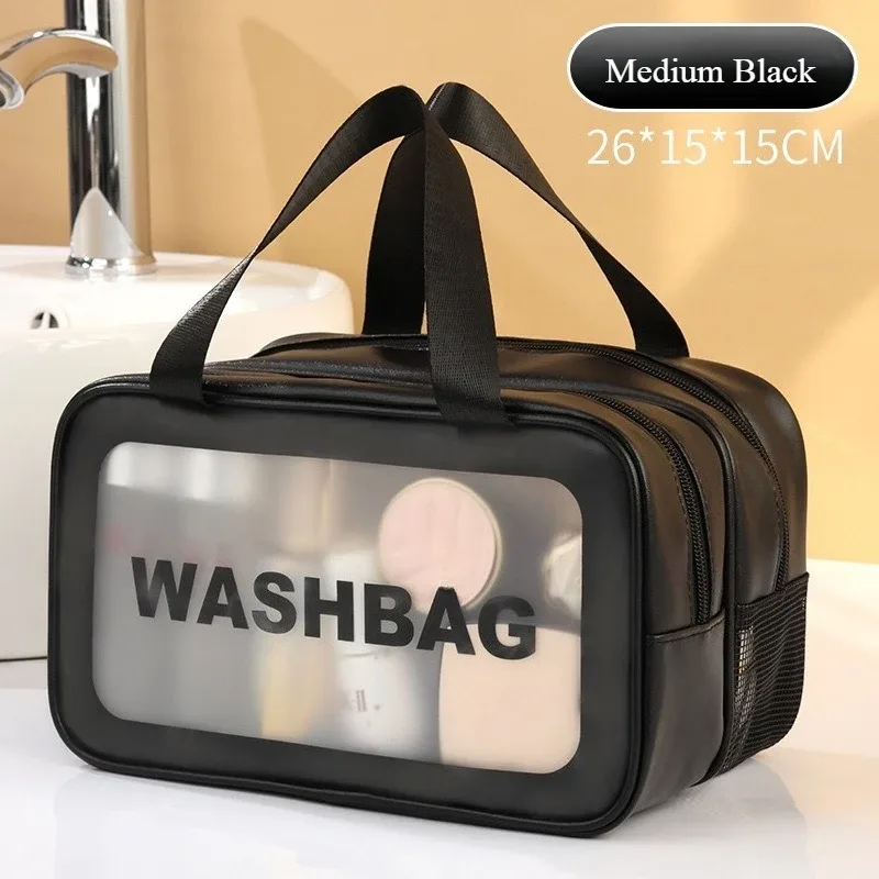 sac de toilette transparent grande capacité à double compartiment sec/humide, en pu givré, portable pour voyage, sac de rangement de bain gf32