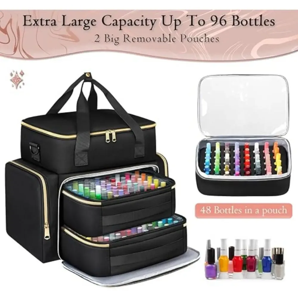 sac organisateur de vernis à ongles grande capacité 96 compartiments avec bandoulière, sac de rangement pour huiles essentielles, trousse de maquillage portable