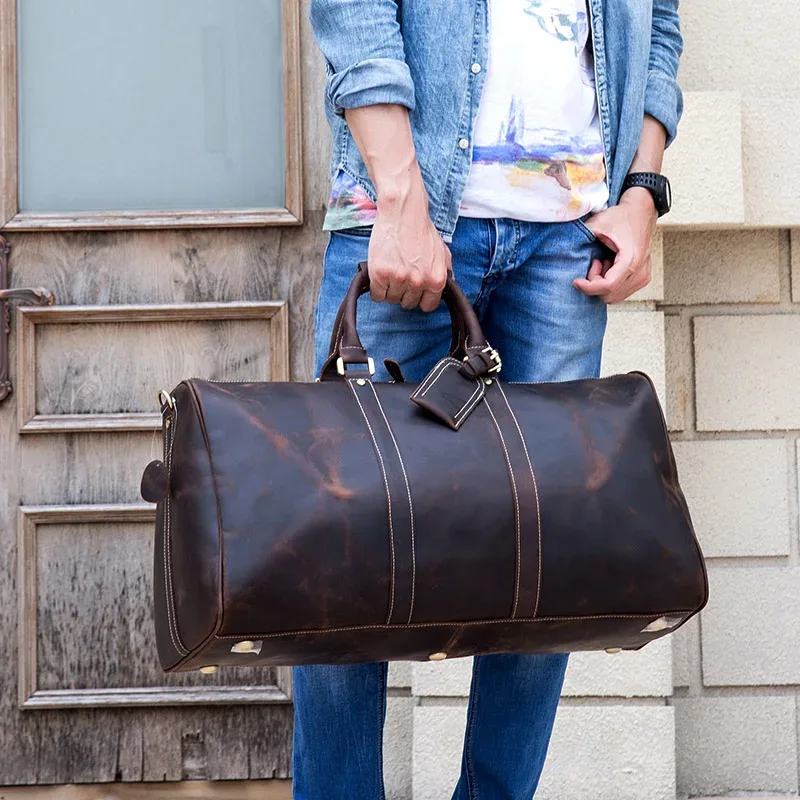 sac de voyage vintage en cuir véritable pour homme, fourre-tout de voyage, grand sac de week-end, sac de sport en peau de vache, bagage à main pour homme, grands sacs à main, 60cm
