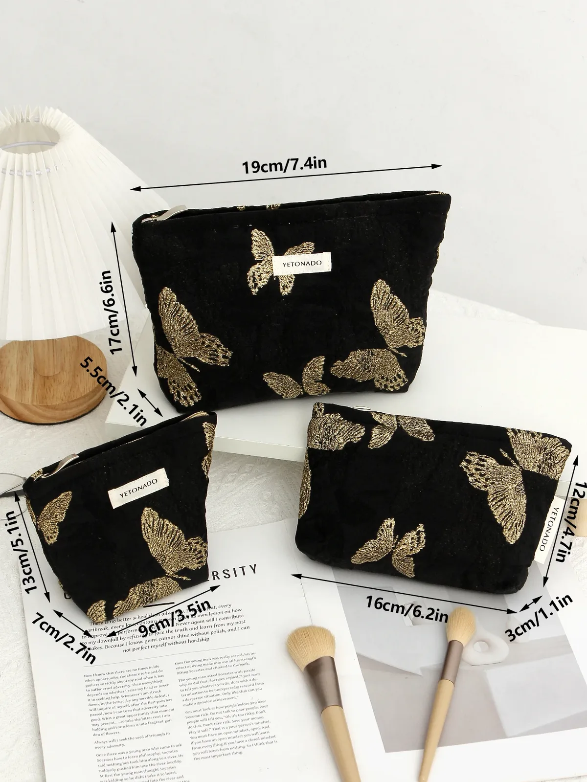 1 p/ensemble trousse de maquillage papillon noir, trousse de maquillage à fermeture éclair de grande capacité à la mode, sac de rangement multifonctionnel
