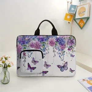 sac à main pour ordinateur portable à motif floral de papillons violets et d'hortensias, étui antichoc pour or