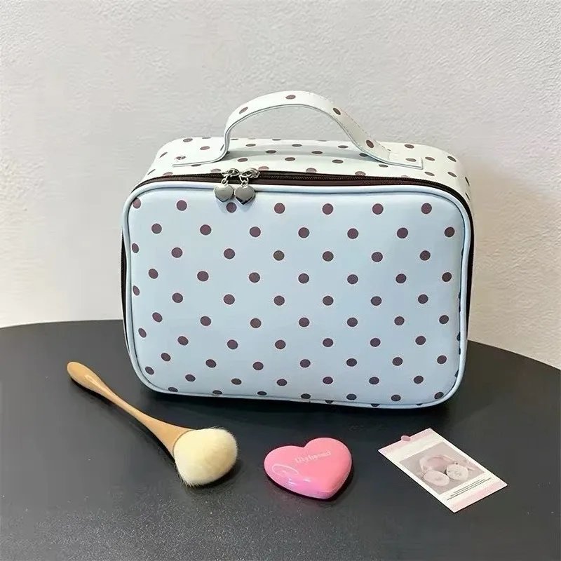 grande trousse de maquillage à pois pour femmes, sac de voyage pliable en forme de cube, trousse de toilette portable avec fermeture éclair pour les voyages