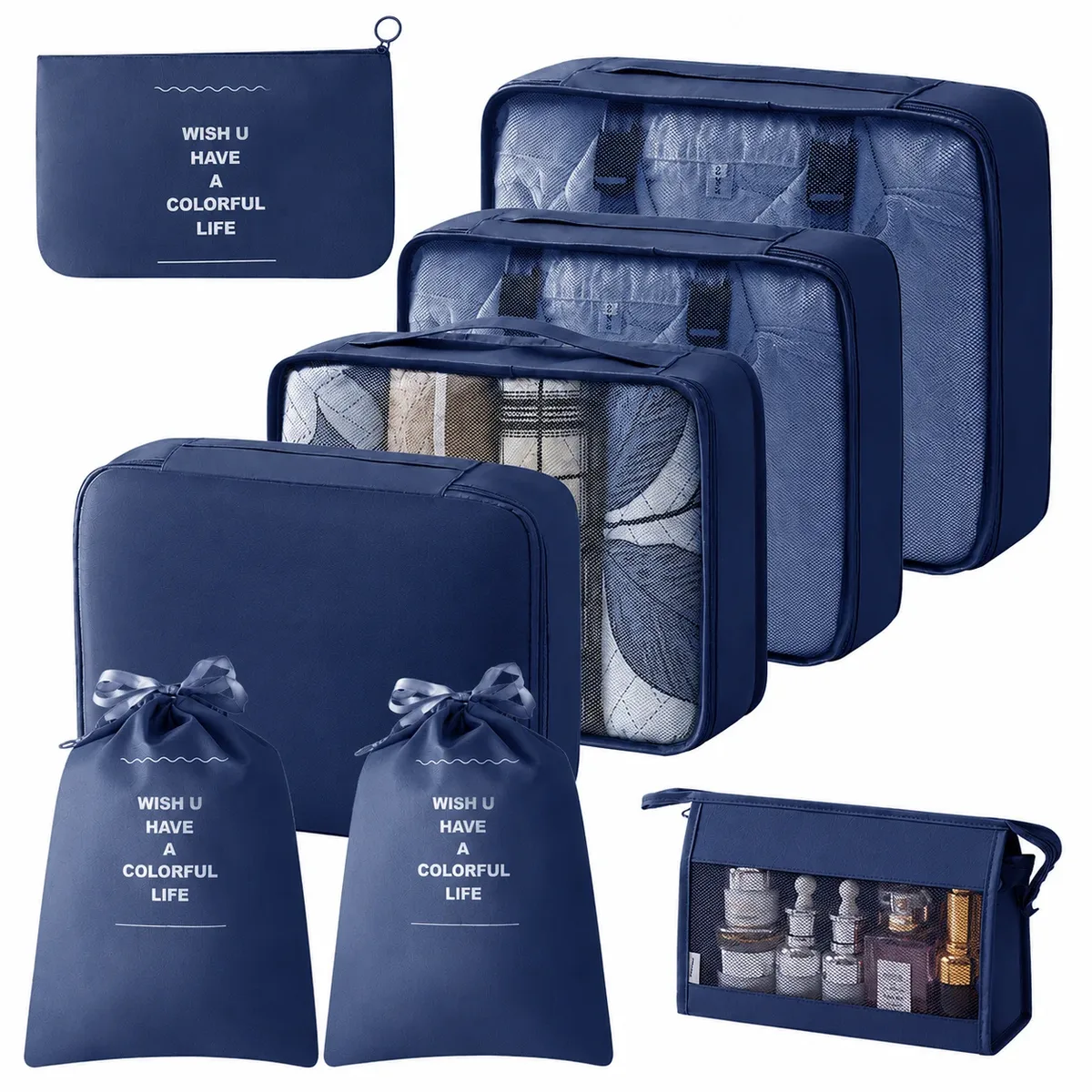 ensemble de 8 organisateurs de voyage, comprenant des cubes de rangement pour vêtements et sous-vêtements, des sacs à cordon et une trousse de toilette, organisateurs de valise inclus.