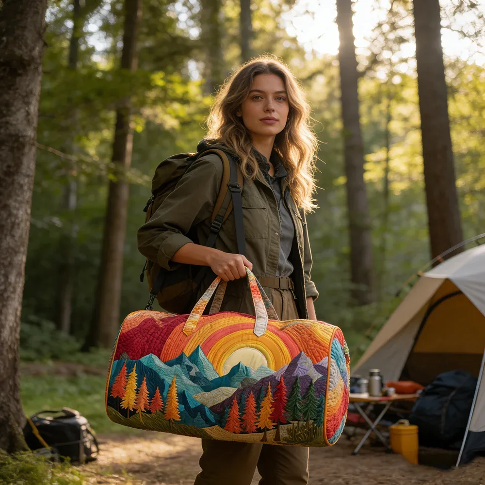 sac de voyage matelassé imprimé en 3d, fourre-tout de week-end, sac de sport, sac à main, motif cabane en montagne et forêt d'automne, paysage naturel vintage, pour femmes et hommes