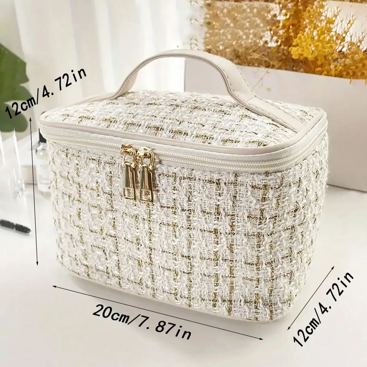 Élégante trousse de maquillage en tweed avec poignée, sac de rangement cosmétique grande capacité, trousse de toilette portable pour femme