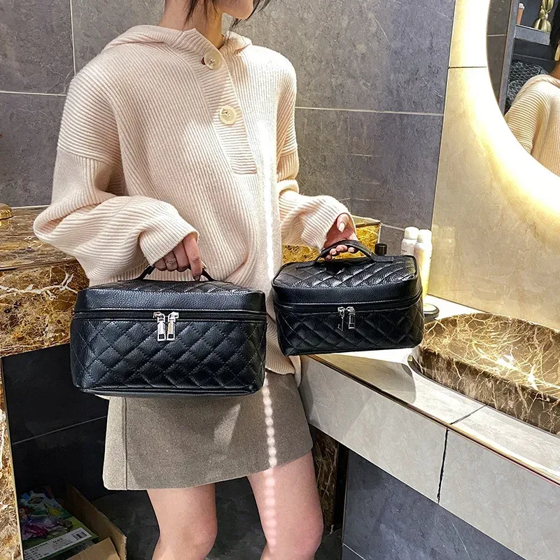 Sac de maquillage de voyage de mode, grande capacité, noir, fil à broder en PU, grille de diamant, sac de toilette, sac de rangement de maquillage