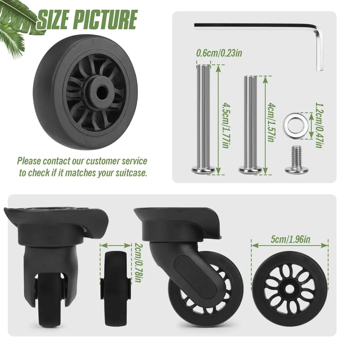 4 roues de remplacement pour bagages avec vis, noires, pour réparation de valise, roulettes silencieuses pour valise de voyage, axe de 5 cm