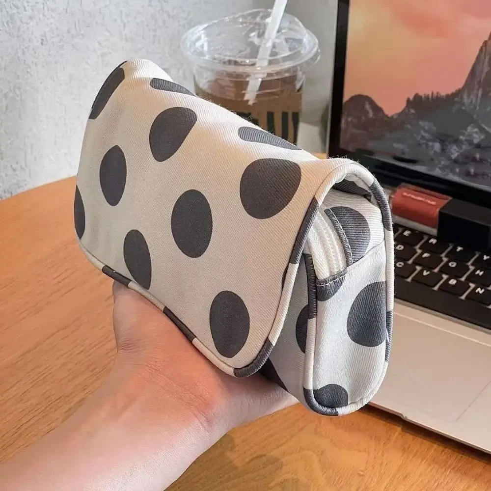 sac cosmétique portable en toile à pois, grande capacité, sac de rangement pour bijoux à rayures avec miroir de maquillage, multifonctionnel