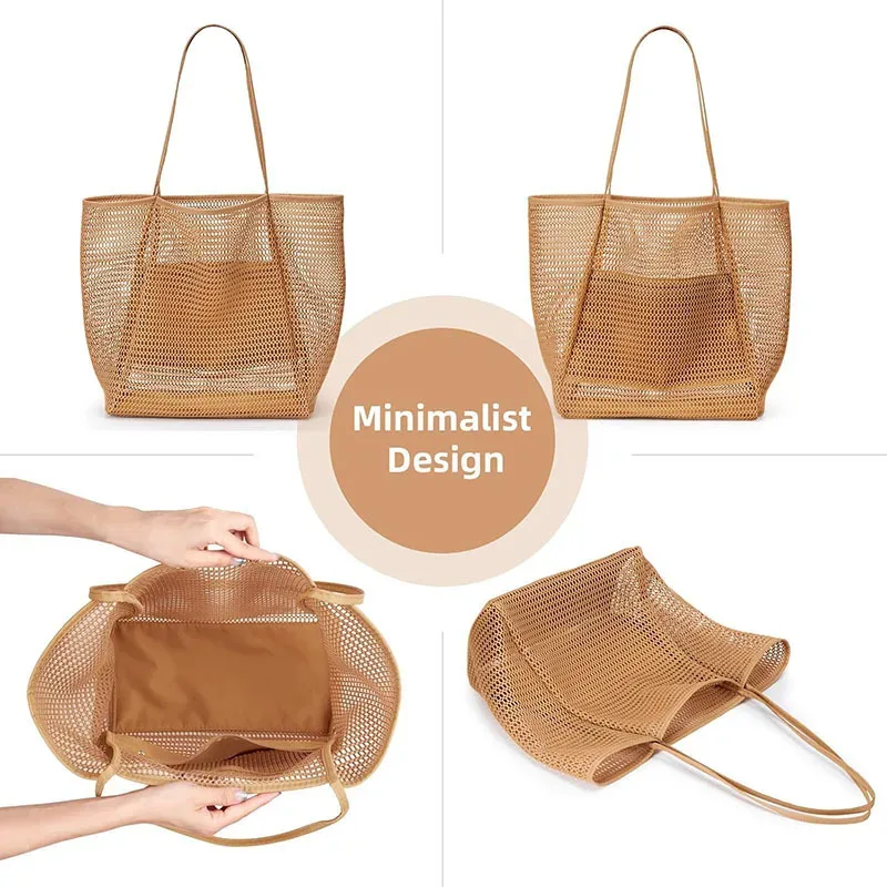 sac fourre-tout en maille de nylon pour femme, sac fourre-tout décontracté, sac à bandoulière pliable pour la plage, le pique-nique, les vacances