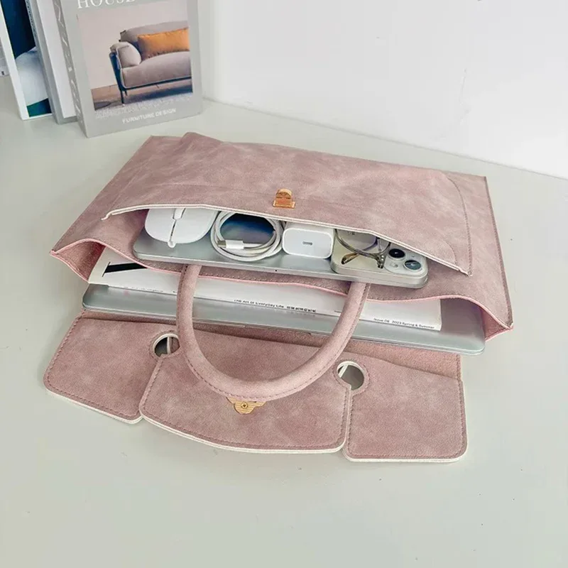 sac fourre-tout élégant en cuir pu rose pour ordinateur portable, sac à main de travail à poignée supérieure avec fermoir floral pour femme, usage quotidien au bureau