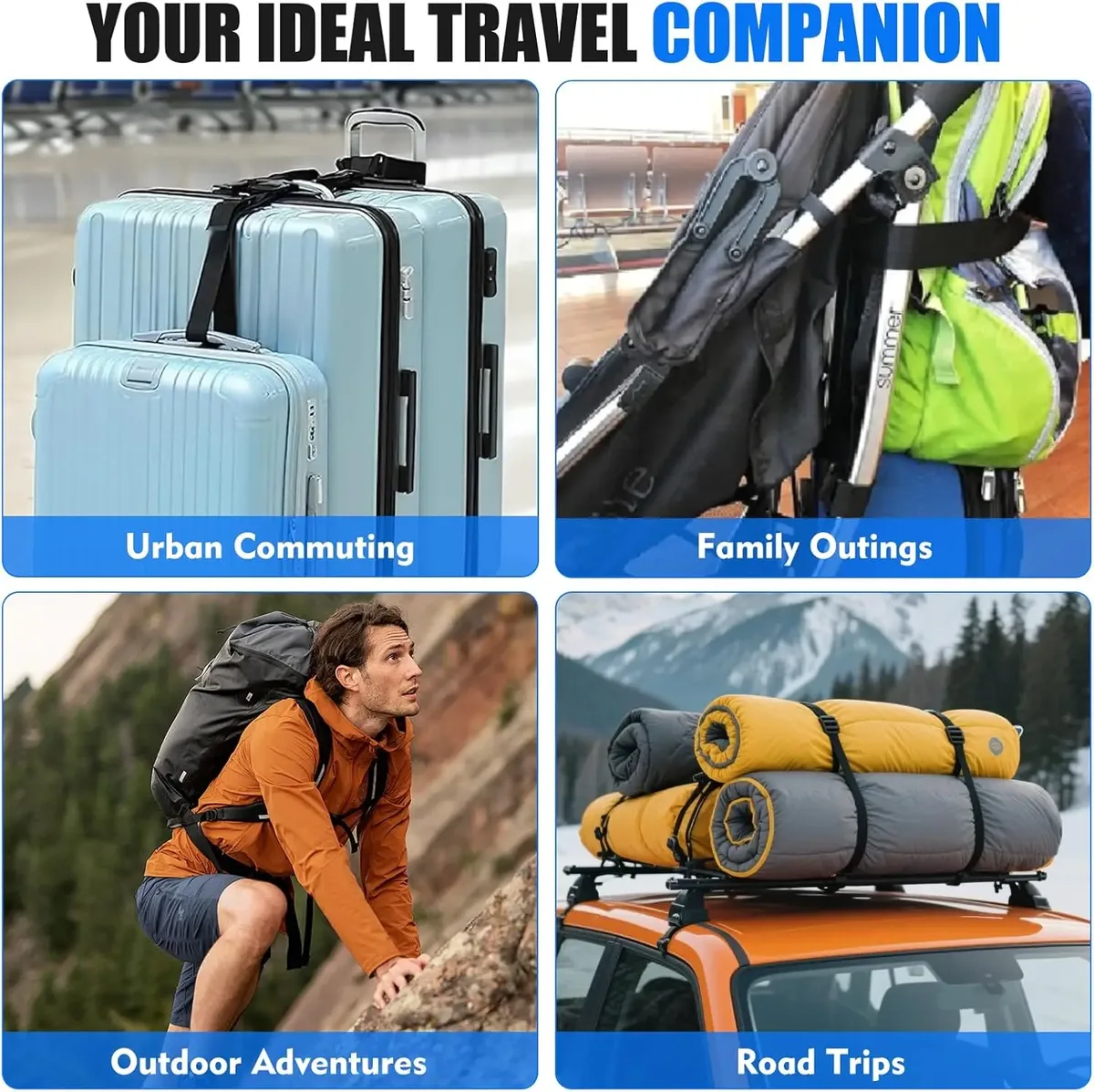 2 ensembles de sangles de connexion réglables en nylon pour bagages, ceinture de fixation portable, accessoire de voyage pour valise, sac à main, voyage en plein air
