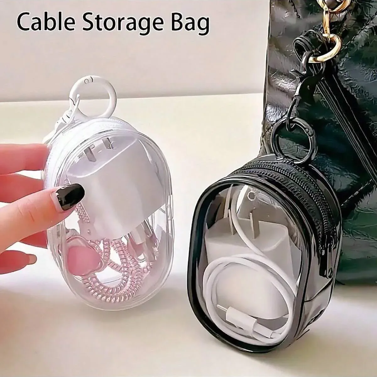 sac de rangement portable transparent noir et blanc avec fermeture éclair + un crochet, peut être transporté avec vous, accroché à votre sac, adapté pour écouteurs, étuis de chargement, porte-clés, bagues, sac d'accessoires de voyage transparent