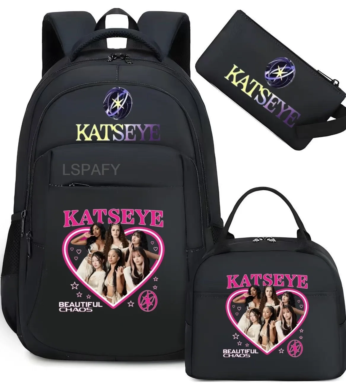 sacs d'école imprimés fashion katseye, ensemble de 3 pièces, sac à dos pour l'école primaire, garçons et filles, sac à dos de sport avec sac à lunch et trousse à crayons