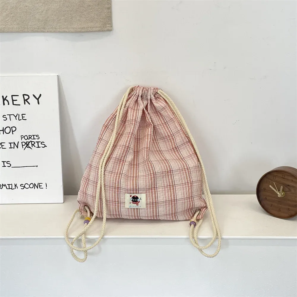 sac à dos d'été pour femmes, sac à dos à deux épaules avec cordon de serrage, sac à dos kawaii pour adolescentes, sac à dos coréen en toile ultra légère à carreaux