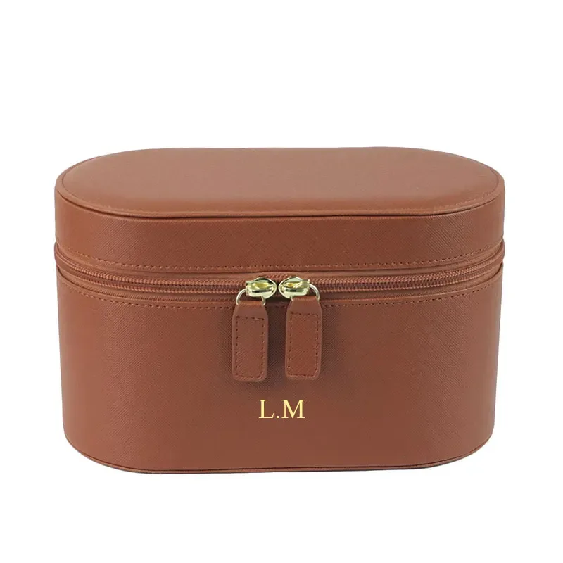 Trousse de toilette de voyage en cuir fendu Saffiano avec nom personnalisé pour femme, trousse de maquillage, trousse à cosmétiques