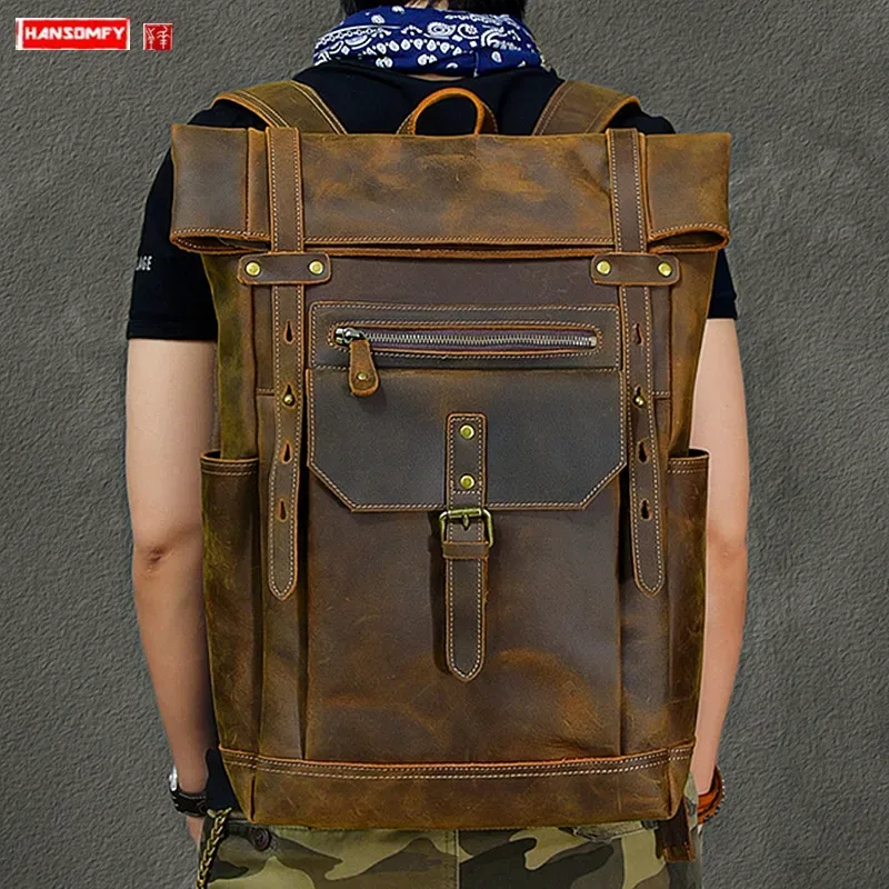 2025 nouveau sac à dos en cuir véritable pour hommes 15-17 pouces pochette d'ordinateur grande capacité sacs à dos de voyage cartable rétro sacs à bandoulière