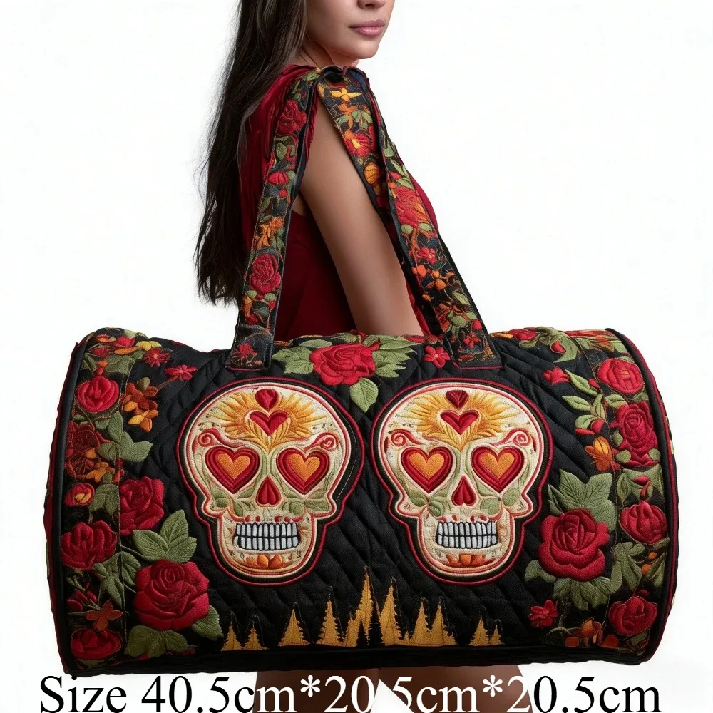 sac de voyage matelassé 3d vintage gothique imprimé crâne et rose, sac de week-end, bagage cabine, sac à main y2k style motard chic, sacs de vacances uniques