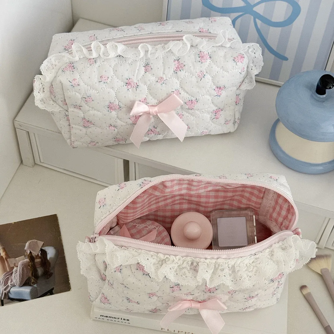 gros fleur femmes dentelle petit sac de maquillage organisateur de voyage sac à main cosmétique pochette filles mignon arc carré fermeture éclair portefeuille sacs