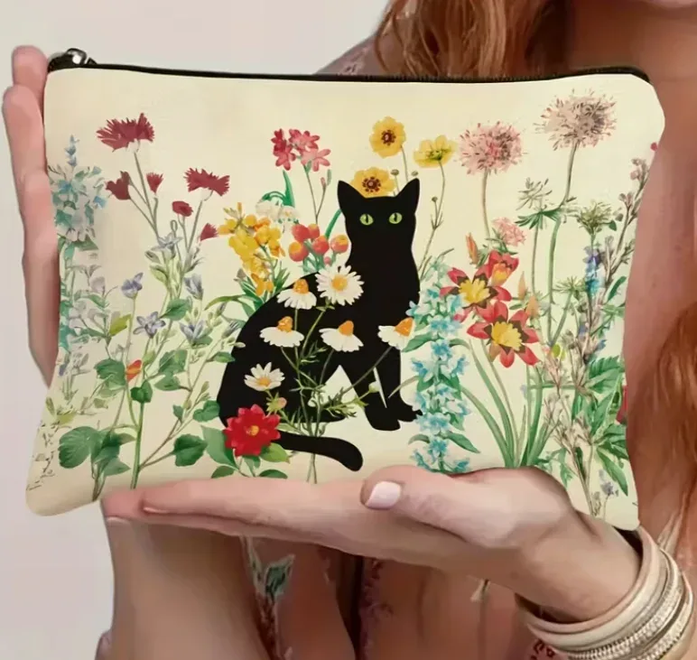 Trousse de maquillage vintage à motif chat noir, charmante pochette cosmétique en polyester, cadeau floral pour les amoureux des chats, femmes, adolescentes, filles