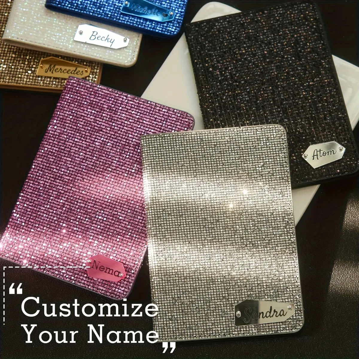Porte-passeport personnalisé avec nom et paillettes disco, porte-passeport unique avec étiquette nominative miroir brillante, cadeau de voyage