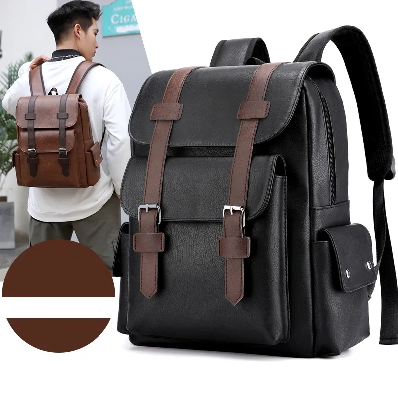 2023 hommes sac à dos en cuir pu bagpack grand ordinateur portable sacs à dos mâle mochilas noir cartable pour adolescents garçons marron sac a dos