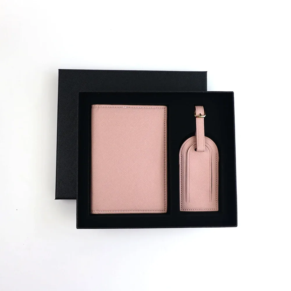 ensemble personnalisé avec nom, porte-passeport et étiquette de bagage en cuir pu safiano unisexe, coffret cadeau