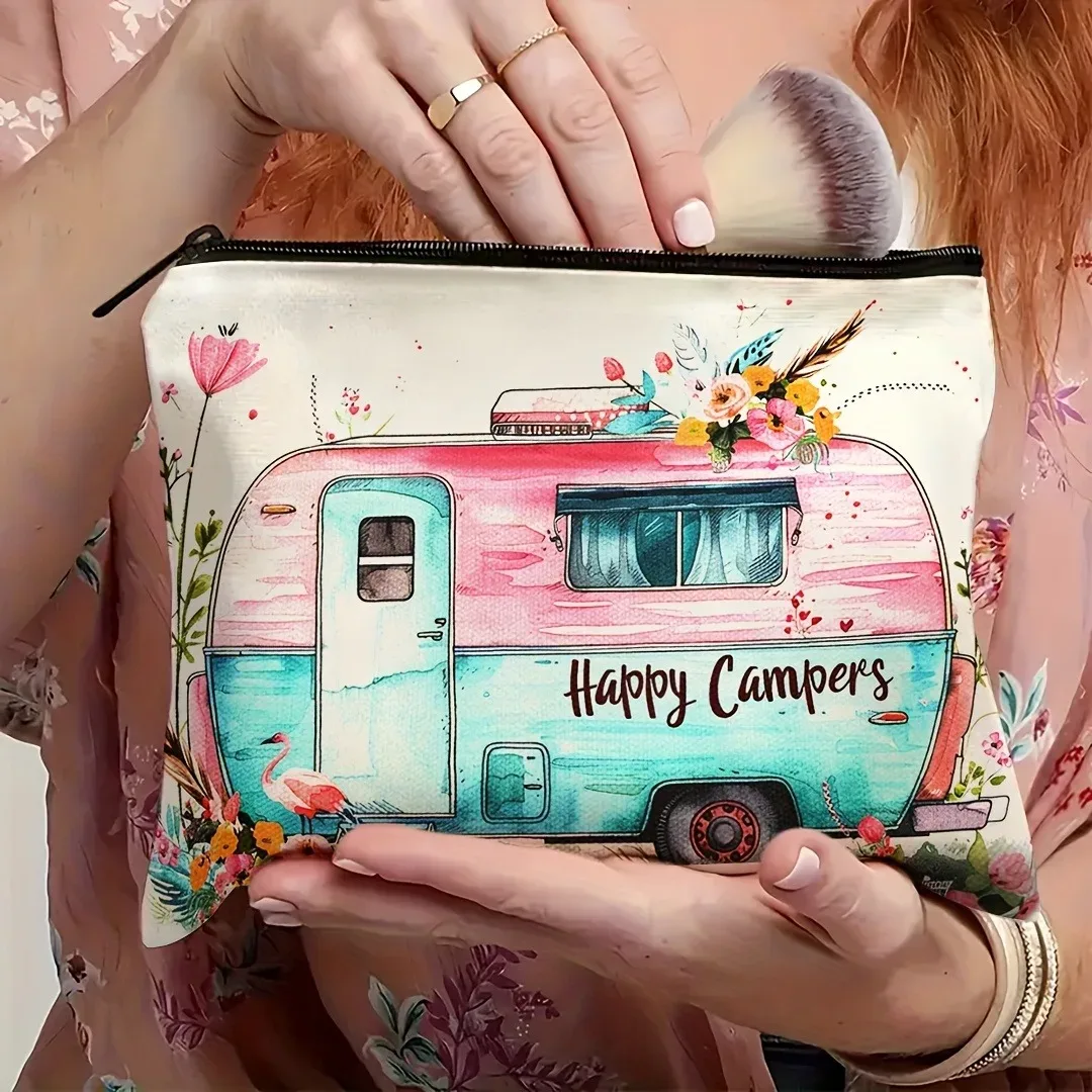 trousse de maquillage de camping vibrante, sac à cosmétiques design happy camper, pochette à cosmétiques légère en polyester pour voyage, cadeaux de noël