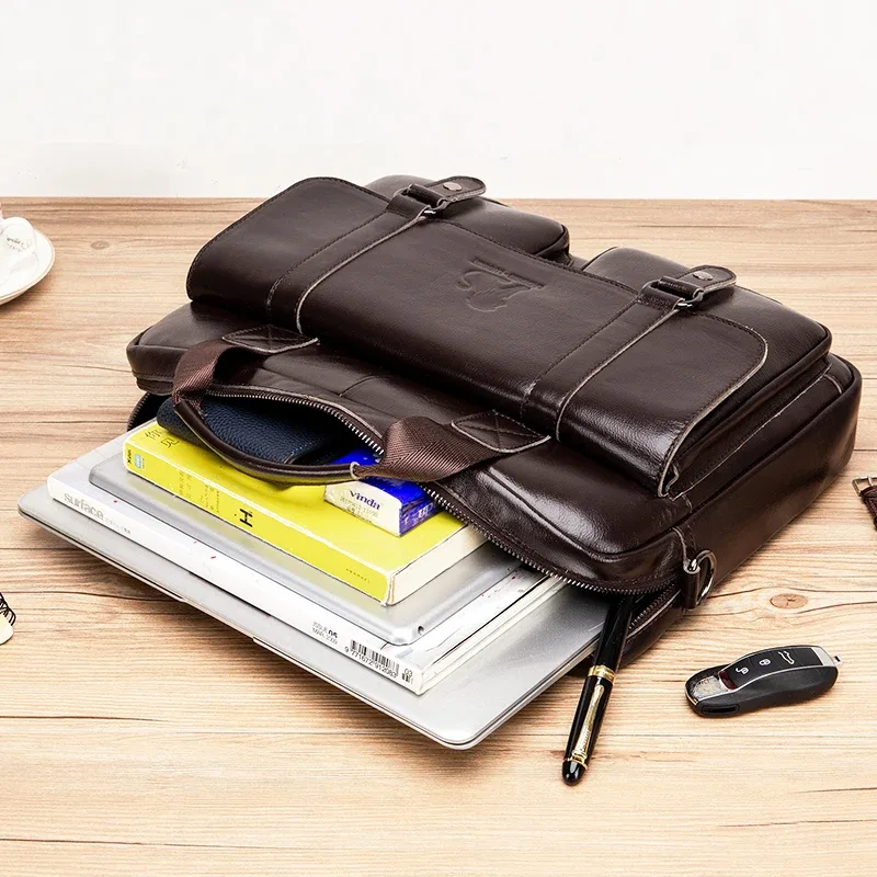 porte-documents pour homme en cuir véritable avec deux poches avant, sac pour ordinateur de grande capacité, sac à main diagonal